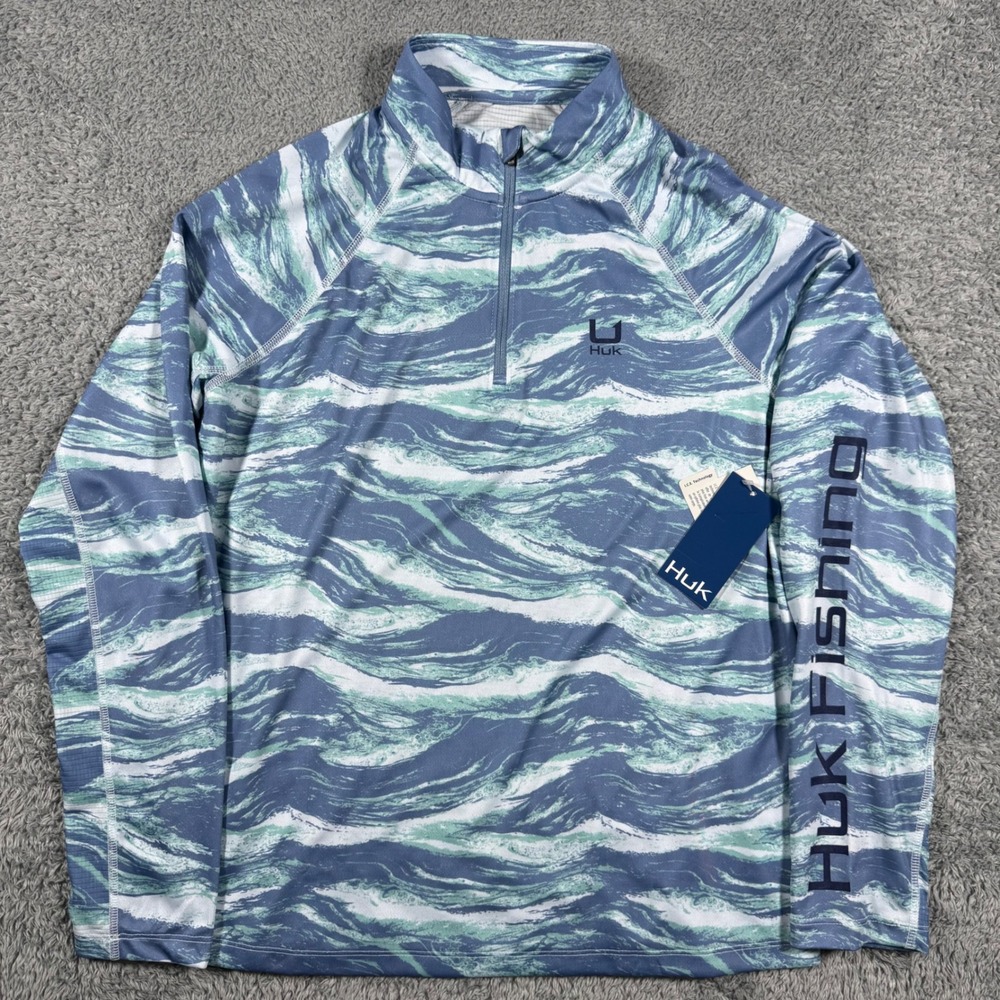 NWT Huk Icon Printed 1/4 Zip Women M Blue Fishing Shirt UPF 50 Performance